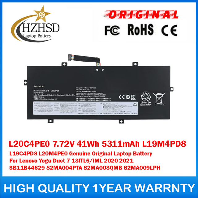 L20C4PE0 7.72V 41Wh 5311mAh L19M4PD8 L19C4PD8 L20M4PE0 Genuine Original Laptop Battery For Lenovo Yoga Duet 7 13ITL6/IML 2020 2021 SB11B44629 82MA004PTA 82MA003QMB 82MA009LPH