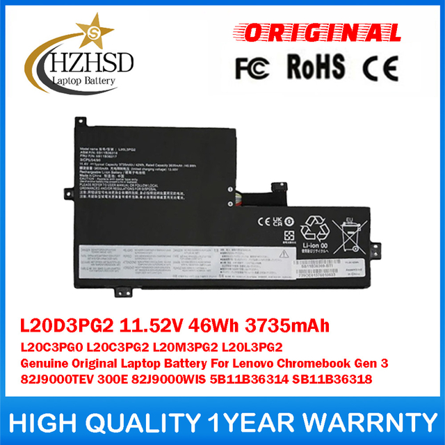 L20D3PG2 11.52V 46Wh 3735mAh L20C3PG0 L20C3PG2 L20M3PG2 L20L3PG2 Genuine Original Laptop Battery For Lenovo Chromebook Gen 3 82J9000TEV 300E 82J9000WIS 5B11B36314 SB11B36318
