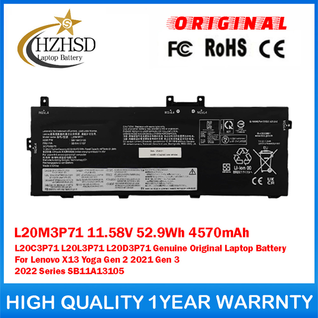 L20M3P71 11.58V 52.9Wh 4570mAh L20C3P71 L20L3P71 L20D3P71 Genuine Original Laptop Battery For Lenovo X13 Yoga Gen 2 2021 Gen 3 2022 Series SB11A13105