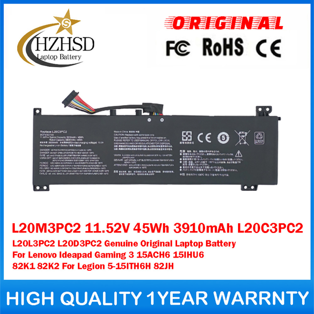 L20M3PC2 11.52V 45Wh 3910mAh L20C3PC2 L20D3PC2 L20L3PC2 Genuine Original Laptop Battery For Lenovo Ideapad Gaming3 15ACH6 15IHU6 82K1 82K2 For Legion 5-15ITH6H 82JH