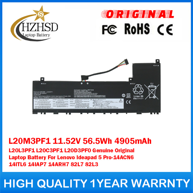 L20M3PF1 11.52V 56.5Wh 4905mAh L20L3PF1 L20C3PF1 L20D3PF0 Genuine Original Laptop Battery For Lenovo Ideapad 5 Pro-14ACN6 14ITL6 14IAP7 14ARH7 82L7 82L3