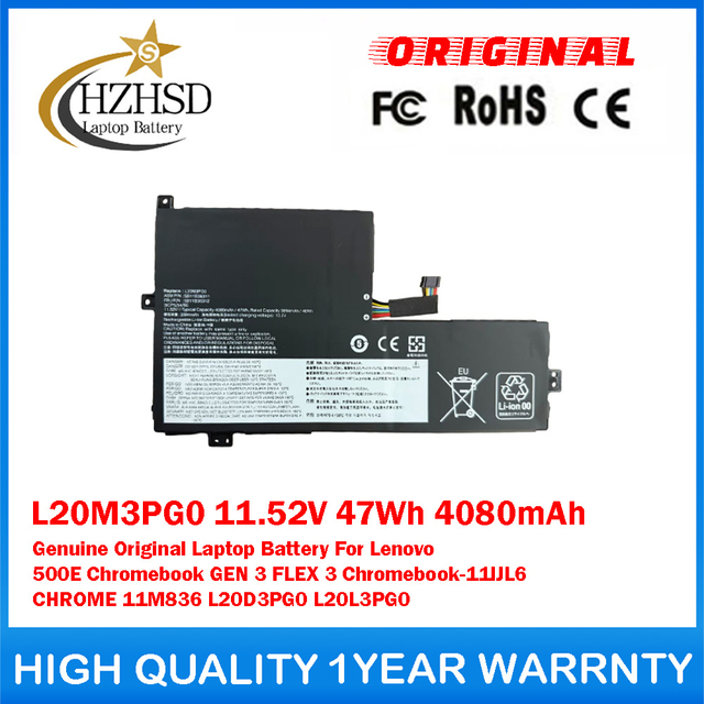 L20M3PG0 11.52V 47Wh 4080mAh Genuine Original Laptop Battery For Lenovo 500E Chromebook GEN 3 FLEX 3 Chromebook-11IJL6 CHROME 11M836 L20D3PG0 L20L3PG0