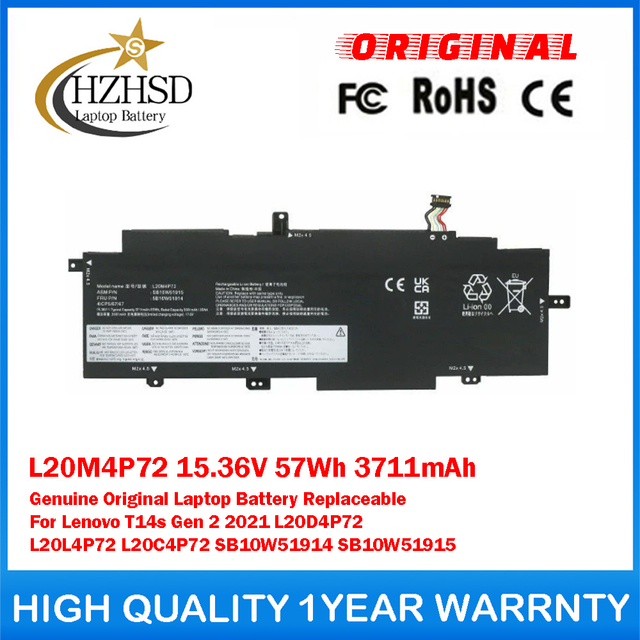 L20M4P72 15.36V 57Wh 3711mAh Genuine Original Laptop Battery Replaceable For Lenovo T14s Gen 2 2021 L20D4P72 L20L4P72 L20C4P72 SB10W51914 SB10W51915