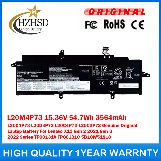 L20M4P73 15.36V 54.7Wh 3564mAh L20D4P73 L20D3P72 L20C4P73 L20C3P72 Genuine Original Laptop Battery For Lenovo X13 Gen 2 2021 Gen 3 2022 Series TP00131A TP00131C 5B10W51818