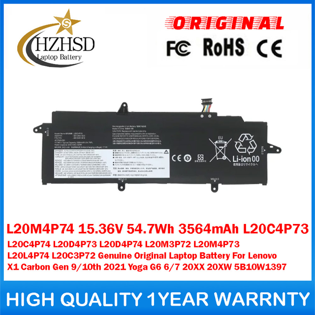 L20M4P74 15.36V 54.7Wh 3564mAh L20C4P73 L20C4P74 L20D4P73 L20D4P74 L20M3P72 L20M4P73 L20L4P74 L20C3P72 Genuine Original Laptop Battery For Lenovo X1 Carbon Gen 9/10th 2021 Yoga G6 6/7 20XX 20XW 5B10W1397