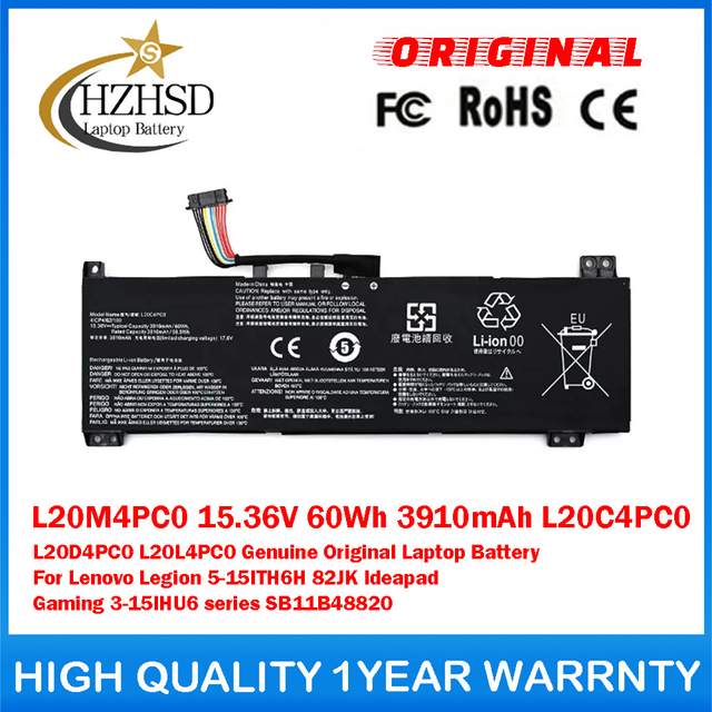 L20M4PC0 15.36V 60Wh 3910mAh L20C4PC0 L20D4PC0 L20L4PC0 Genuine Original Laptop Battery For Lenovo Legion 5-15ITH6H 82JK Ideapad Gaming 3-15IHU6 Series SB11B48820