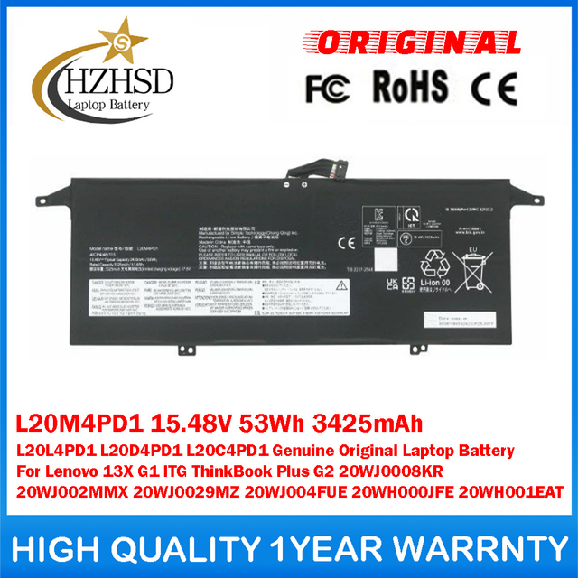 L20M4PD1 15.48V 53Wh 3425mAh L20L4PD1 L20D4PD1 L20C4PD1 Genuine Original Laptop Battery For Lenovo 13X G1 ITG ThinkBook Plus G2 20WJ0008KR 20WJ002MMX 20WJ0029MZ 20WJ004FUE 20WH000JFE 20WH001EAT