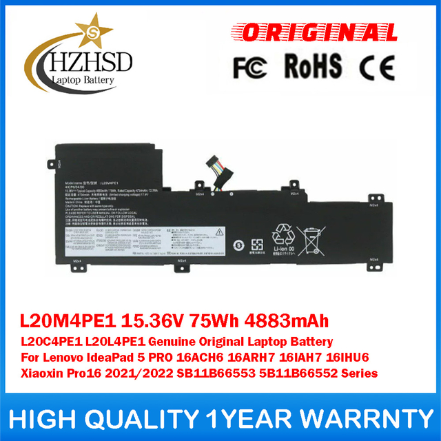 L20M4PE1 15.36V 75Wh 4883mAh L20C4PE1 L20L4PE1 Genuine Original Laptop Battery For Lenovo IdeaPad 5 PRO 16ACH6 16ARH7 16IAH7 16IHU6 Xiaoxin Pro16 2021/2022 SB11B66553 5B11B66552 Series