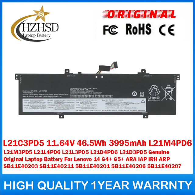 L21C3PD5 11.64V 46.5Wh 3995mAh L21M4PD6 L21M3PD5 L21L4PD6 L21L3PD5 L21D4PD6 L21D3PD5 Genuine Original Laptop Battery For Lenovo 14 G4+ G5+ ARA IAP IRH ARP SB11E40203 SB11E40211 5B11E40201 5B11E40206 5B11E40207