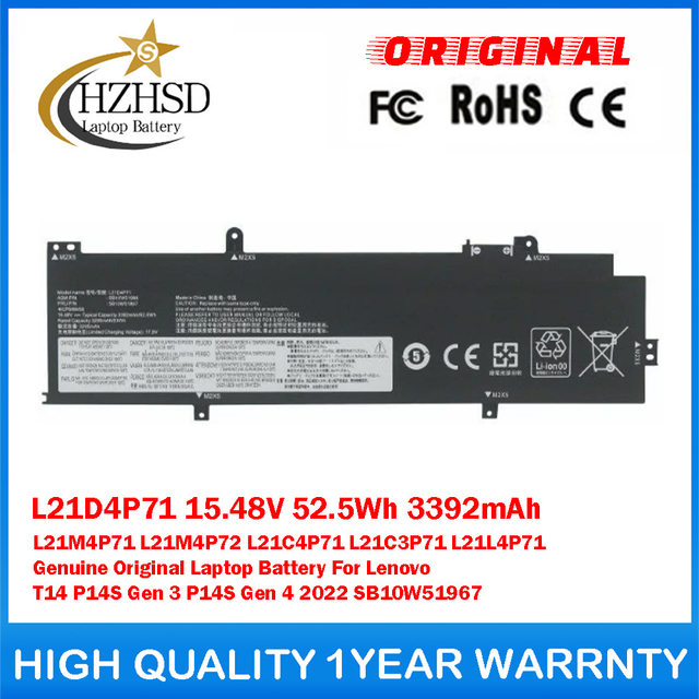 L21D4P71 15.48V 52.5Wh 3392mAh L21M4P71 L21M4P72 L21C4P71 L21C3P71 L21L4P71 Genuine Original Laptop Battery For Lenovo T14 P14S Gen 3 P14S Gen 4 2022 SB10W51967