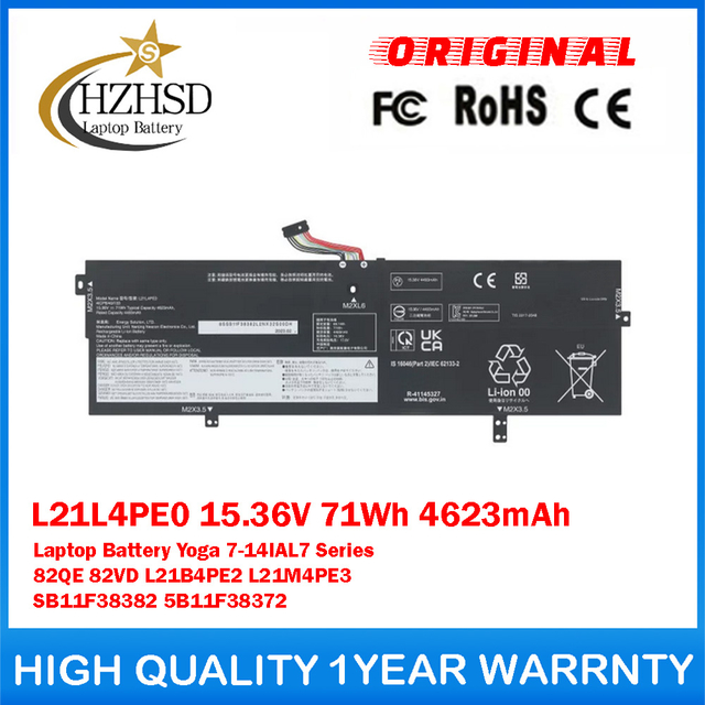 L21L4PE0 15.36V 71Wh 4623mAh Genuine Original Laptop Battery For Lenovo Yoga 7-14IAL7 Series 82QE 82VD L21B4PE2 L21M4PE3 SB11F38382 5B11F38372