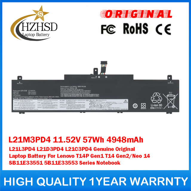 L21M3PD4 11.52V 57Wh 4948mAh L21L3PD4 L21D3PD4 L21C3PD4 Genuine Original Laptop Battery For Lenovo T14P Gen1 T14 Gen2/Neo 14 SB11E33551 5B11E33553 Series Notebook