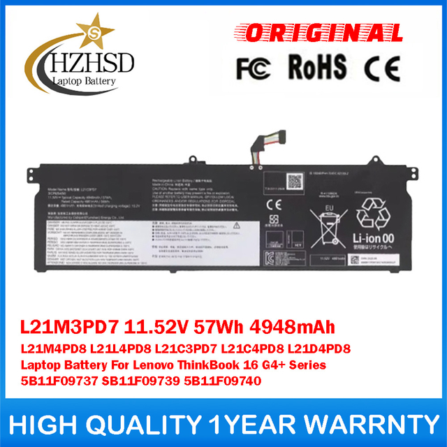 L21M3PD7 11.52V 57Wh 4948mAh L21M4PD8 L21L4PD8 L21C3PD7 L21C4PD8 L21D4PD8 Laptop Battery For Lenovo ThinkBook 16 G4+ Series 5B11F09737 SB11F09739 5B11F09740