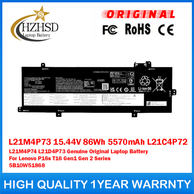 L21M4P73 15.44V 86Wh 5570mAh L21C4P72 L21M4P74 L21D4P73 Genuine Original Laptop Battery For Lenovo P16s T16 Gen1 Gen 2 Series 5B10W51868
