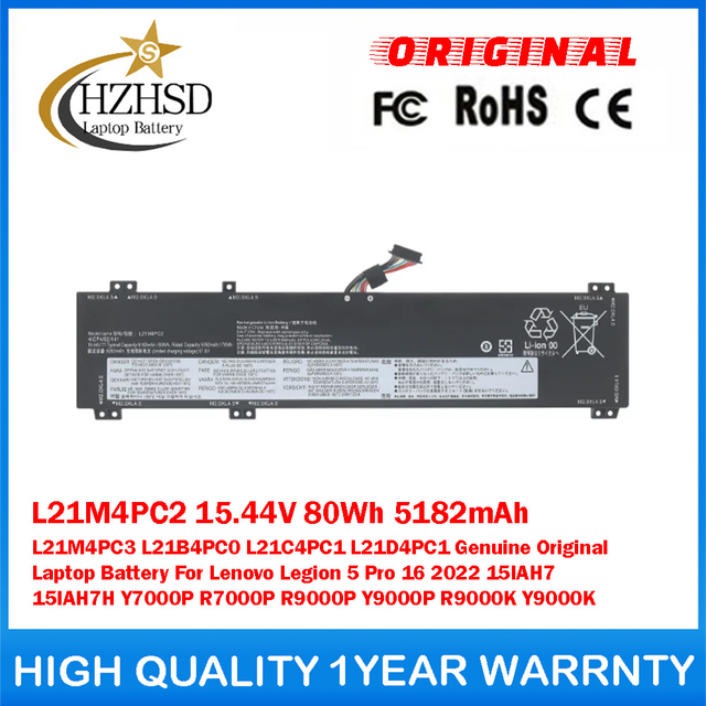 L21M4PC2 15.44V 80Wh 5182mAh L21M4PC3 L21B4PC0 L21C4PC1 L21D4PC1 Genuine Original Laptop Battery For Lenovo Legion 5 Pro 16 2022 15IAH7 15IAH7H Y7000P R7000P R9000P Y9000P R9000K Y9000K