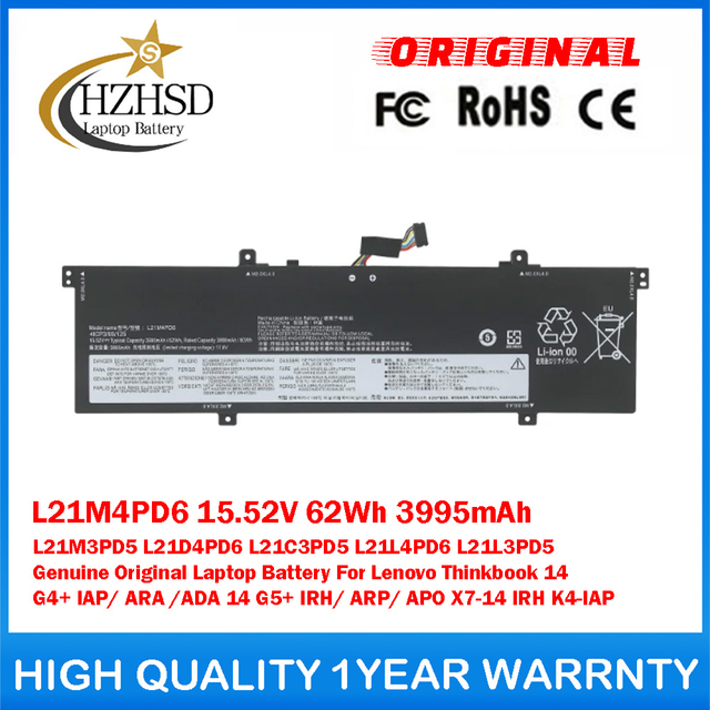 L21M4PD6 15.52V 62Wh 3995mAh L21M3PD5 L21D4PD6 L21C3PD5 L21L4PD6 L21L3PD5 Genuine Original Laptop Battery For Lenovo Thinkbook 14 G4+ IAP/ ARA /ADA 14 G5+ IRH/ ARP/ APO X7-14 IRH K4-IAP