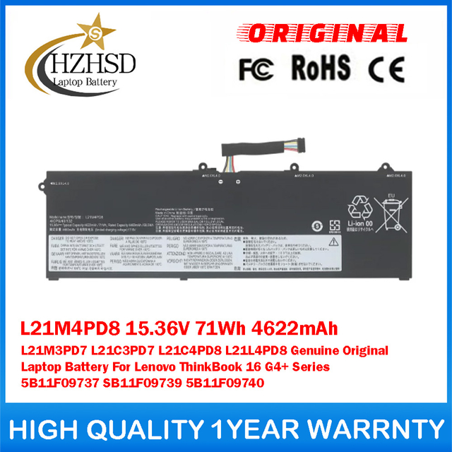 L21M4PD8 15.36V 71Wh 4622mAh L21M3PD7 L21C3PD7 L21C4PD8 L21L4PD8 Genuine Original Laptop Battery For Lenovo ThinkBook 16 G4+ Series 5B11F09737 SB11F09739 5B11F09740