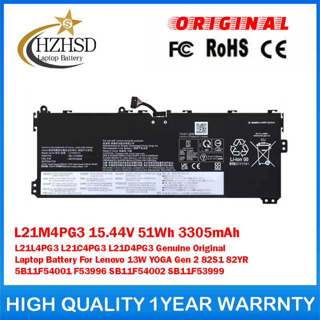L21M4PG3 15.44V 51Wh 3305mAh L21L4PG3 L21C4PG3 L21D4PG3 Genuine Original Laptop Battery For Lenovo 13W YOGA Gen 2 82S1 82YR 5B11F54001 F53996 SB11F54002 SB11F53999