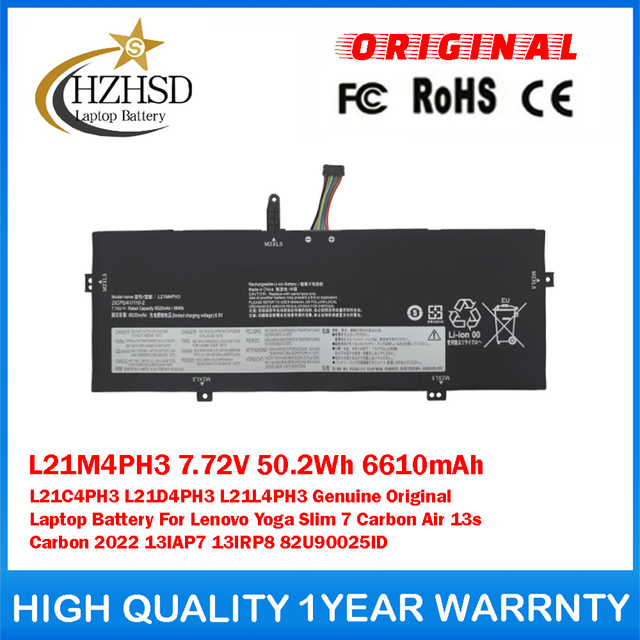 L21M4PH3 7.72V 50.2Wh 6610mAh L21C4PH3 L21D4PH3 L21L4PH3 Genuine Original Laptop Battery For Lenovo Yoga Slim 7 Carbon Air 13s Carbon 2022 13IAP7 13IRP8 82U90025ID