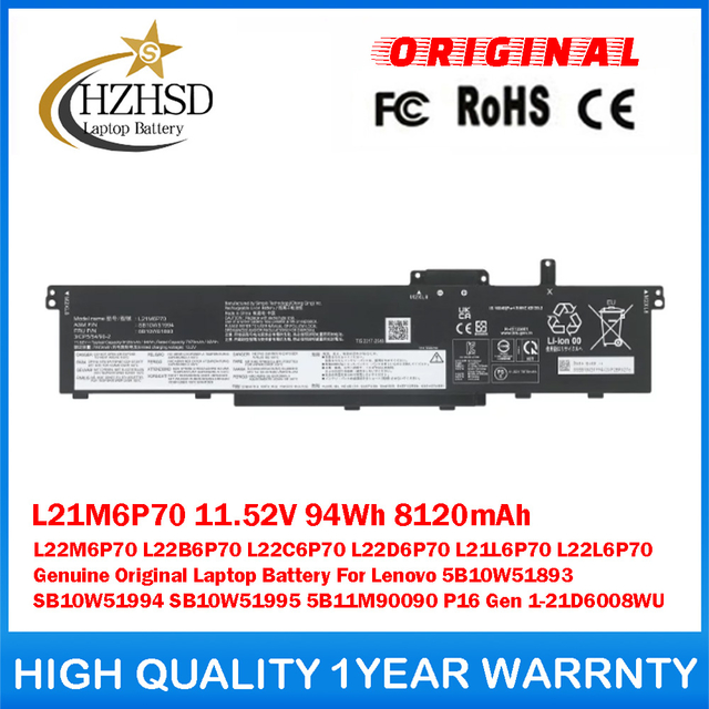 L21M6P70 11.52V 94Wh 8120mAh L22M6P70 L22B6P70 L22C6P70 L22D6P70 L21L6P70 L22L6P70 Genuine Original Laptop Battery For Lenovo 5B10W51893 SB10W51994 SB10W51995 5B11M90090 P16 Gen 1-21D6008WU