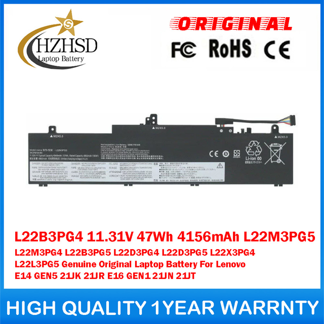 L22B3PG4 11.31V 47Wh 4156mAh L22M3PG5/4 L22D3PG5/4 L22B3PG5/X3PG4/L3PG5 Genuine Original Laptop Battery For Lenovo E14 GEN5 21JK 21JR E16 GEN1 21JN 21JT