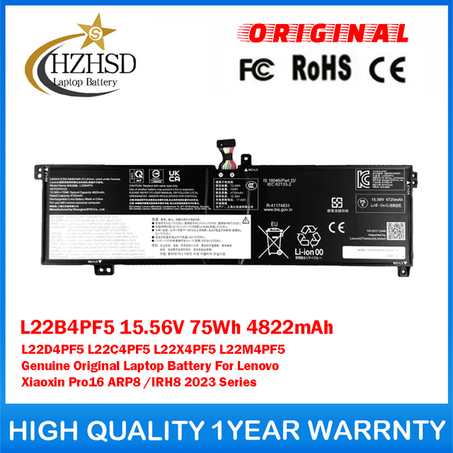 L22B4PF5 15.56V 75Wh 4822mAh L22D4PF5 L22C4PF5 L22X4PF5 L22M4PF5 Genuine Original Laptop Battery For Lenovo Xiaoxin Pro16 ARP8 /IRH8 2023 Series
