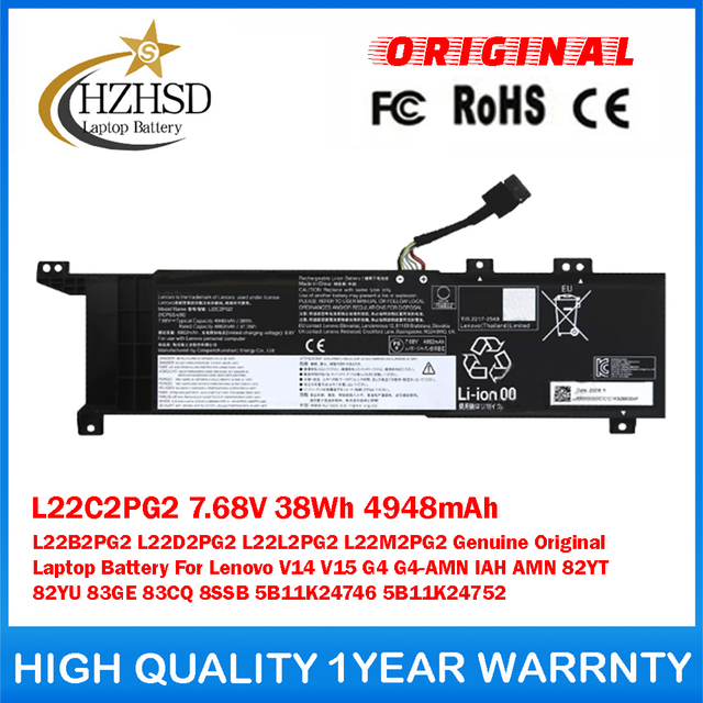 L22C2PG2 7.68V 38Wh 4948mAh L22B2PG2 L22D2PG2 L22L2PG2 L22M2PG2 Genuine Original Laptop Battery For Lenovo V14 V15 G4 G4-AMN IAH AMN 82YT 82YU 83GE 83CQ 8SSB 5B11K24746 5B11K24752
