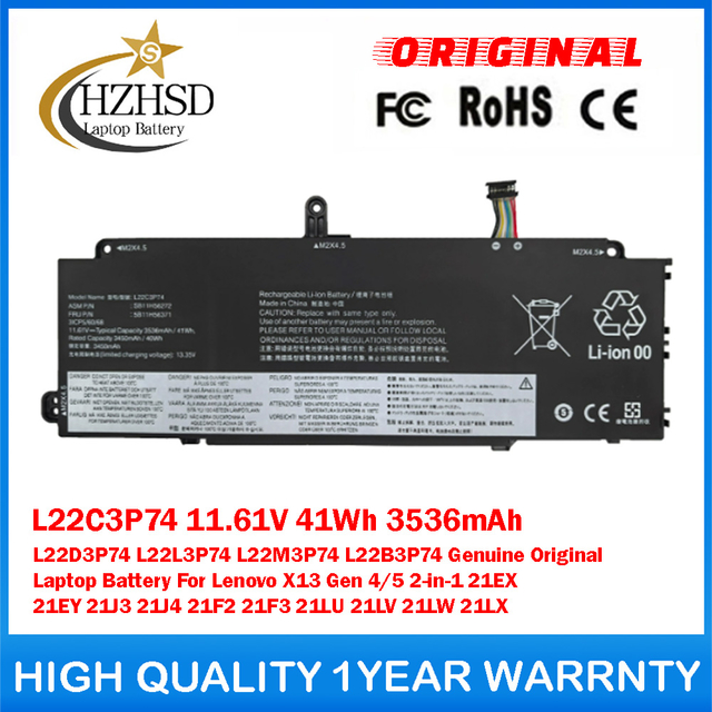 L22C3P74 11.61V 41Wh 3536mAh L22D3P74/L3P74/M3P74/B3P74 Genuine Original Laptop Battery For Lenovo X13 Gen 4/5 2-in-1 21EX 21EY 21J3 21J4 21F2 21F3 21LU 21LV 21LW 21LX