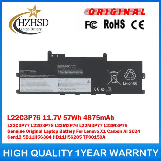 L22C3P76 11.7V 57Wh 4875mAh L22C3P77 L22D3P78 L22M3P76/7/8 Genuine Original Laptop Battery For Lenovo X1 Carbon AI 2024 Gen12 5B11H56384 HB11H56285 TP00150A