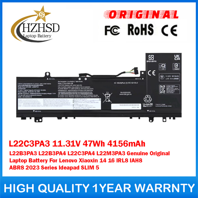 L22C3PA3 11.31V 47Wh 4156mAh L22B3PA3 L22B3PA4 L22C3PA4 L22M3PA3 Genuine Original Laptop Battery For Lenovo Xiaoxin 14 16 IRL8 IAH8 ABR8 2023 Series Ideapad SLIM 5