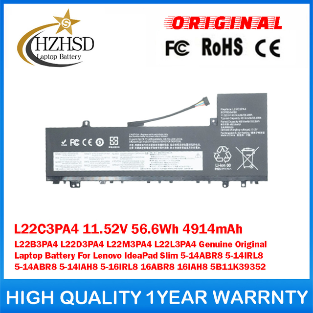 L22C3PA4 11.52V 56.6Wh 4914mAh L22B3PA4 L22D3PA4 L22M3PA4 L22L3PA4 Genuine Original Laptop Battery For Lenovo IdeaPad Slim 5-14ABR8 5-14IRL8 5-14ABR8 5-14IAH8 5-16IRL8 16ABR8 16IAH8 5B11K39352 SB11K39364