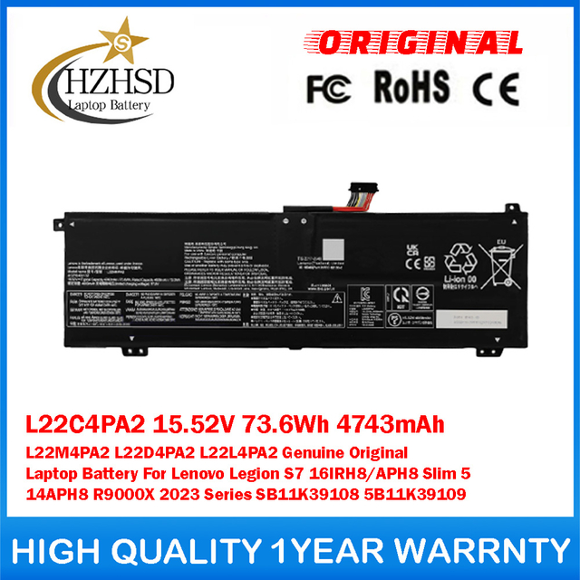 L22C4PA2 15.52V 73.6Wh 4743mAh L22M4PA2 L22D4PA2 L22L4PA2 Genuine Original Laptop Battery For Lenovo Legion S7 16IRH8/APH8 Slim 5 14APH8 R9000X 2023 Series SB11K39108 5B11K39109
