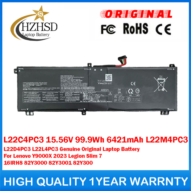 L22C4PC3 15.56V 99.9Wh 6421mAh L22M4PC3 L22D4PC3 L22L4PC3 Genuine Original Laptop Battery For Lenovo Y9000X 2023 Legion Slim 7 16IRH8 82Y3000 82Y3001 82Y300