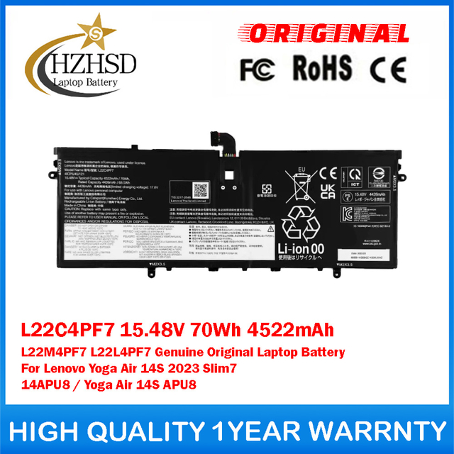 L22C4PF7 15.48V 70Wh 4522mAh L22M4PF7 L22L4PF7 Genuine Original Laptop Battery For Lenovo Yoga Air 14S 2023 Slim7 14APU8 / Yoga Air 14S APU8