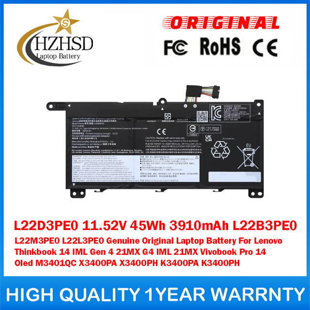 L22D3PE0 11.52V 45Wh 3910mAh L22B3PE0 L22M3PE0 L22L3PE0 Genuine Original Laptop Battery For Lenovo Thinkbook 14 IML Gen 4 21MX G4 IML 21MX Vivobook Pro 14 Oled M3401QC X3400PA X3400PH K3400PA K3400PH