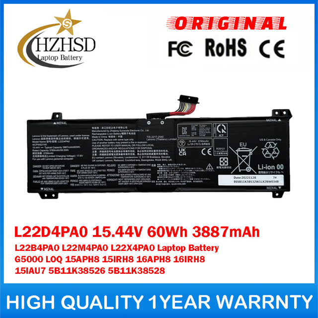 L22D4PA0 15.44V 60Wh 3887mAh L22B4PA0 L22M4PA0 L22X4PA0 Genuine Original Laptop Battery For Lenovo G5000 LOQ 15APH8 15IRH8 16APH8 16IRH8 15IAU7 5B11K38526 5B11K38528