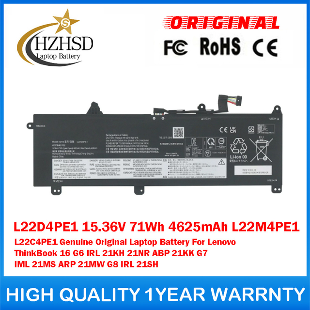 L22D4PE1 15.36V 71Wh 4625mAh L22M4PE1 L22C4PE1 Genuine Original Laptop Battery For Lenovo ThinkBook 16 G6 IRL 21KH 21NR ABP 21KK G7 IML 21MS ARP 21MW G8 IRL 21SH