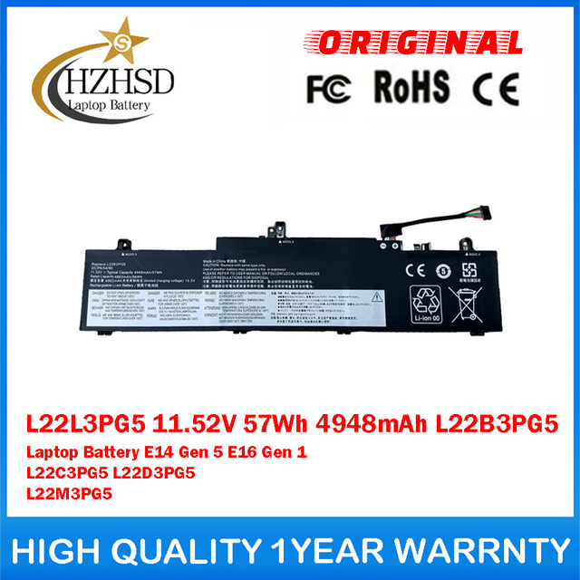 L22L3PG5 11.52V 57Wh 4948mAh L22B3PG5 Genuine Original Laptop Battery For Lenovo E14 Gen 5 E16 Gen 1 L22C3PG5 L22D3PG5 L22M3PG5