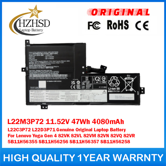 L22M3P72 11.52V 47Wh 4080mAh L22C3P72 L22D3P71 Genuine Original Laptop Battery For Lenovo Yoga Gen 4 82VK 82VL 82VM 82VN 82VQ 82VR 5B11H56355 SB11H56256 SB11H56357 SB11H56258