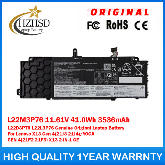 L22M3P76 11.61V 41.0Wh 3536mAh L22D3P76 L22L3P76 Genuine Original Laptop Battery For Lenovo X13 Gen 4(21J3 21J4)/YOGA GEN 4(21F2 21F3) X13 2-IN-1 GE