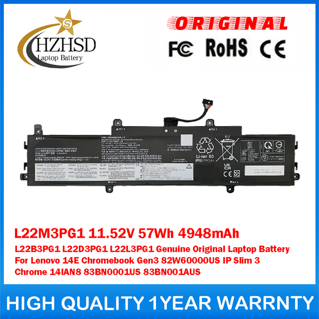 L22M3PG1 11.52V 57Wh 4948mAh L22B3PG1 L22D3PG1 L22L3PG1 Genuine Original Laptop Battery For Lenovo 14E Chromebook Gen3 82W60000US IP Slim 3 Chrome 14IAN8 83BN0001US 83BN001AUS