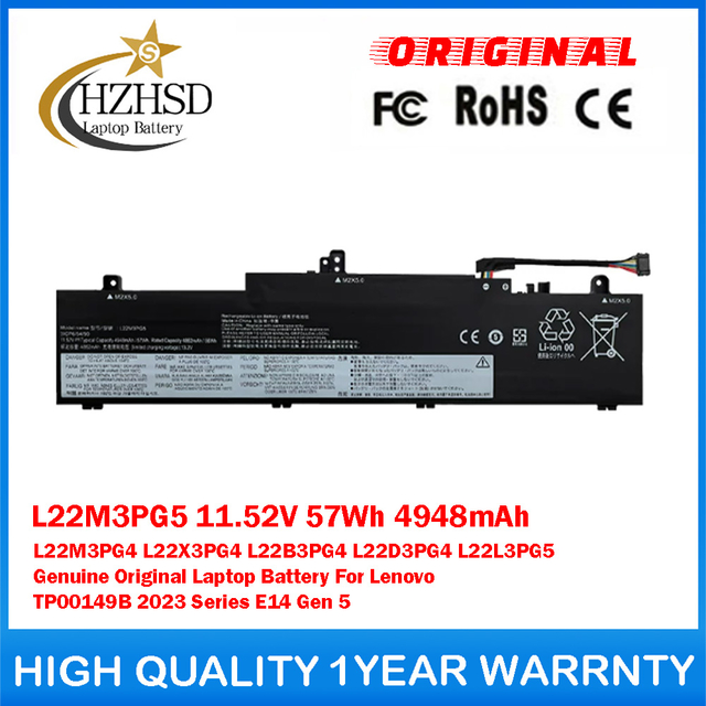 L22M3PG5 11.52V 57Wh 4948mAh L22M3PG4 L22X3PG4 L22B3PG4 L22D3PG4 L22L3PG5 Genuine Original Laptop Battery For Lenovo TP00149B 2023 Series E14 Gen 5