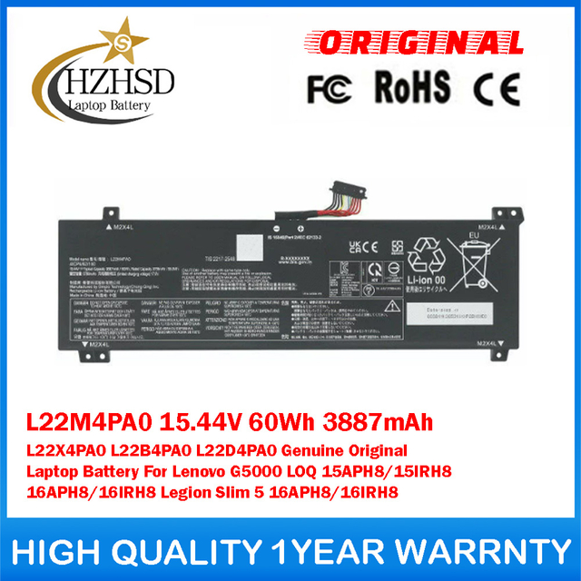 L22M4PA0 15.44V 60Wh 3887mAh L22X4PA0 L22B4PA0 L22D4PA0 Genuine Original Laptop Battery For Lenovo G5000 LOQ 15APH8/15IRH8/16APH8/16IRH8 Legion Slim 5 16APH8/16IRH8