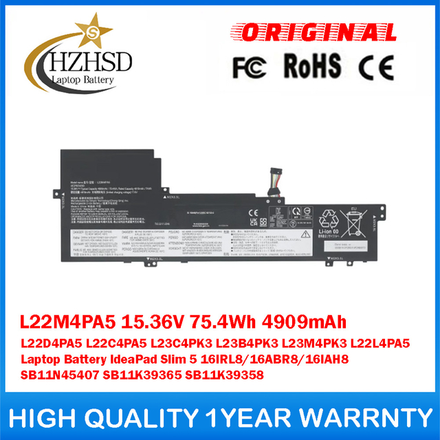 L22M4PA5 15.36V 75.4Wh 4909mAh L22D4PA5 L22C4PA5 L23C4PK3 L23B4PK3 L23M4PK3 L22L4PA5 Genuine Original Laptop Battery For Lenovo IdeaPad Slim 5 16IRL8/16ABR8/16IAH8 SB11N45407 SB11K39365 SB11K39358