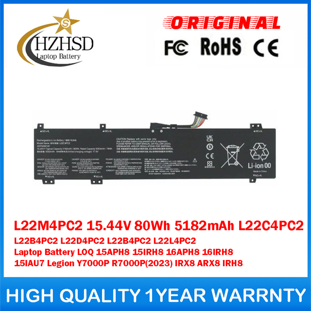 L22M4PC2 15.44V 80Wh 5182mAh L22C4PC2 L22B4PC2 L22D4PC2 L22L4PC2 Genuine Original Laptop Battery For Lenovo LOQ 15APH8 15IRH8 16APH8 16IRH8 15IAU7 For Legion Y7000P R7000P(2023) IRX8 ARX8 IRH8