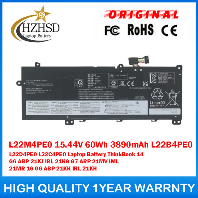 L22M4PE0 15.44V 60Wh 3890mAh L22B4PE0 L22D4PE0 L22C4PE0 Genuine Original Laptop Battery For Lenovo ThinkBook 14 G6 ABP 21KJ IRL 21KG G7 ARP 21MV IML 21MR 16 G6 ABP-21KK IRL-21KH