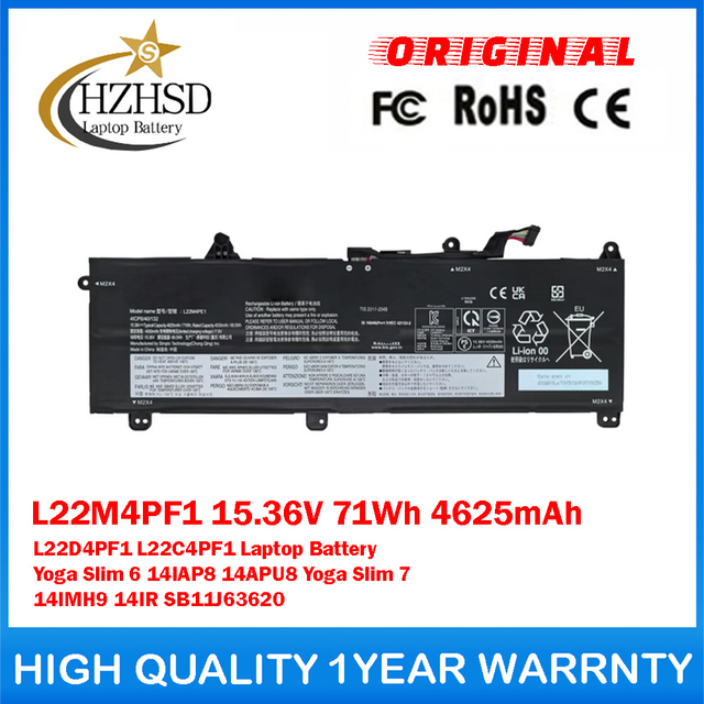 L22M4PF1 15.36V 71Wh 4625mAh L22D4PF1 L22C4PF1 Genuine Original Laptop Battery For Lenovo Yoga Slim 6 14IAP8 14APU8 Yoga Slim 7 14IMH9 14IR SB11J63620