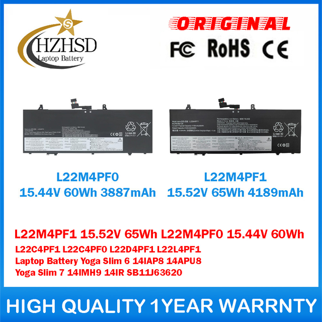 L22M4PF1 15.52V 65Wh 4189mAh L22M4PF0 15.44V 60Wh 3887mAh L22C4PF1 L22C4PF0 L22D4PF1 L22L4PF1 Genuine Original Laptop Battery For Lenovo Yoga Slim 6 14IAP8 14APU8 Yoga Slim 7 14IMH9 14IR SB11J63620