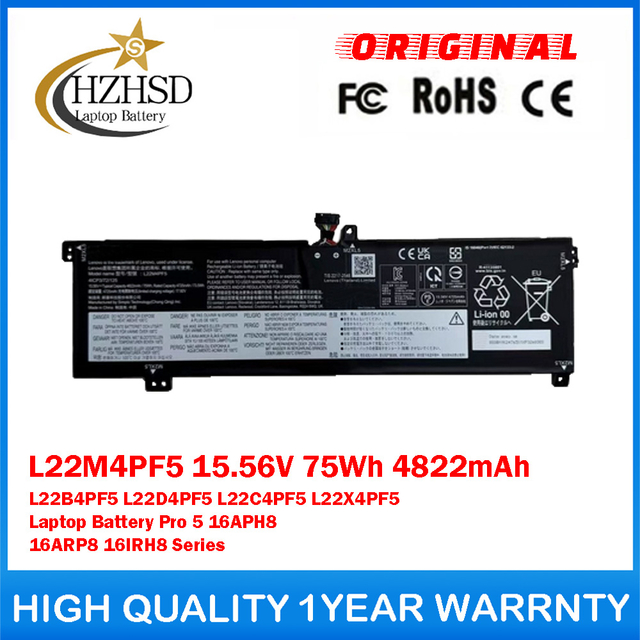 L22M4PF5 15.56V 75Wh 4822mAh L22B4PF5 L22D4PF5 L22C4PF5 L22X4PF5 Genuine Original Laptop Battery For Lenovo IdeaPad Pro 5 16APH8 16ARP8 16IRH8 Series
