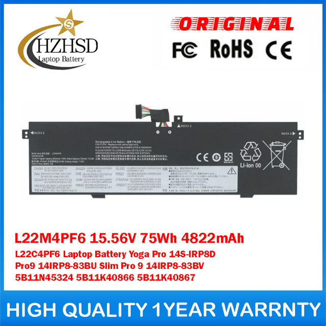 L22M4PF6 15.56V 75Wh 4822mAh L22C4PF6 Genuine Original Laptop Battery For Lenovo Yoga Pro 14S-IRP8D Pro9 14IRP8-83BU Slim Pro 9 14IRP8-83BV 5B11N45324 5B11K40866 5B11K40867